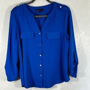 Adrienne Vittadini Blue Button Front Blouse with Silver Buttons Long Sleeve M